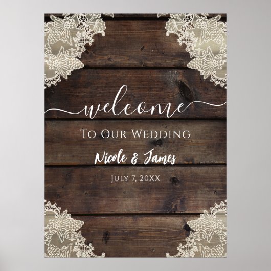 Rustic Barn Wood & Lace Romantic Elegant Wedding Poster (Voorkant)