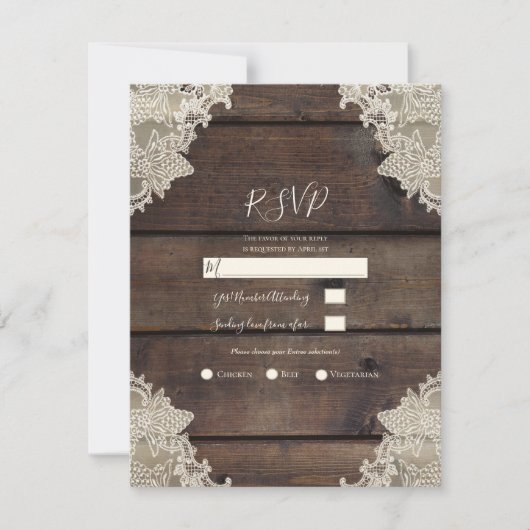 Rustic Barn Wood & Lace Romantic RSVP-antwoord Kaart (Voorkant)