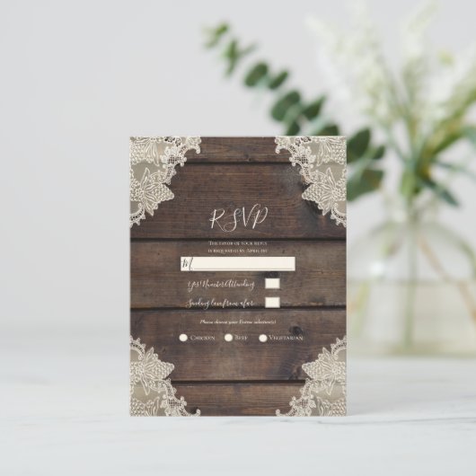 Rustic Barn Wood & Lace Romantic RSVP-antwoord Kaart (Staand voorkant)