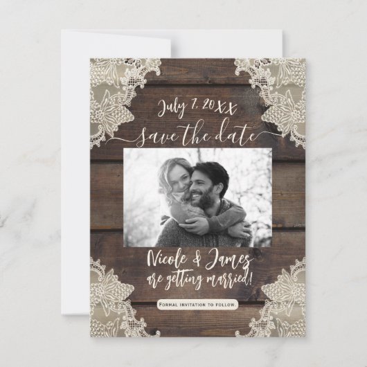 Rustic Barn Wood & Lace Romantic Save the Date Kaart (Voorkant)