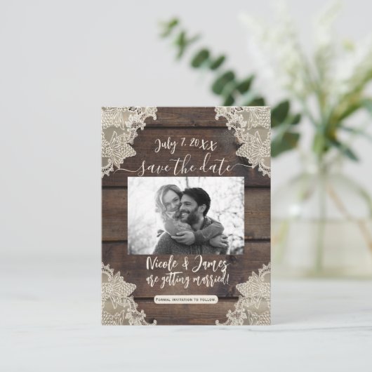 Rustic Barn Wood & Lace Romantic Save the Date Kaart (Staand voorkant)