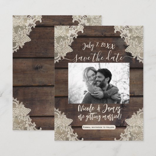 Rustic Barn Wood & Lace Romantic Save the Date Kaart (Voorkant / Achterkant)