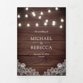 Rustic Barn Wood Lace String Lights Drieluik Uitnodiging (Cover)