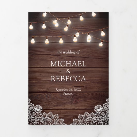 Rustic Barn Wood Lace String Lights Drieluik Uitnodiging (Cover)