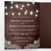 Rustic Barn Wood Lace String Lights Drieluik Uitnodiging (Binnenzijde eerst)