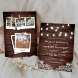 Rustic Barn Wood Lace String Lights Kaart<br><div class="desc">Verrijk je gasten met deze elegante trouwuitnodiging met mooie koordlampen en witte kant met moderne typografie op een rustige houten achtergrond. Voeg eenvoudig uw gebeurtenisdetails op deze makkelijk te gebruiken sjabloon toe en voeg deze kaart met uw favoriete foto's en monogram bij de rug van de kaart toe om het...</div>