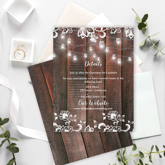 Rustic Barn Wood Lace String Lights Wedding Detail Informatiekaartje