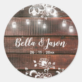 Rustic Barn Wood Lace String Lights Wedding Ronde Sticker (Voorkant)