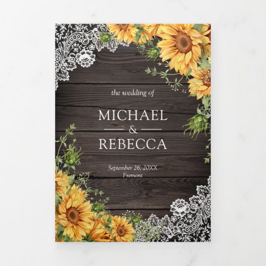 Rustic Barn Wood Lace Sunflower QR Code Weddenscha Drieluik Uitnodiging (Cover)