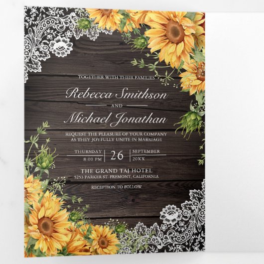 Rustic Barn Wood Lace Sunflower QR Code Weddenscha Drieluik Uitnodiging (Binnenzijde eerst)