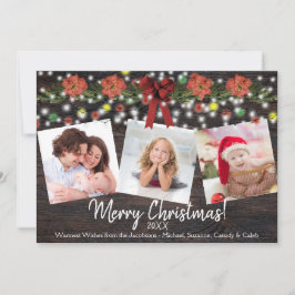 Rustic Barn Wood & Lights 3 Foto Kerstmis Feestdagenkaart