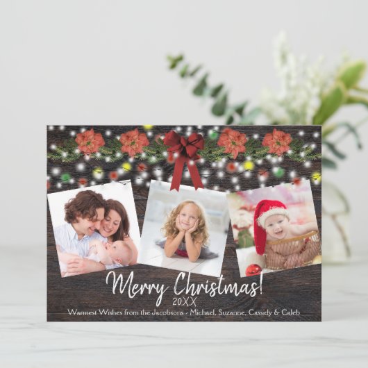 Rustic Barn Wood & Lights 3 Foto Kerstmis Feestdagenkaart (Staand voorkant)