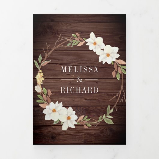 Rustic Barn Wood Magnolia Floral QR Code Weddensch Drieluik Uitnodiging (Cover)
