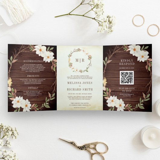 Rustic Barn Wood Magnolia Floral QR Code Weddensch Drieluik Uitnodiging