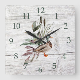 Rustic Barn Wood Mallard Duck Cattails Greenery Vierkante Klok