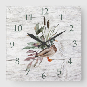 Rustic Barn Wood Mallard Duck Cattails Greenery Vierkante Klok