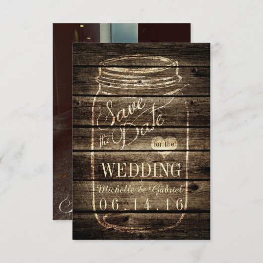 Rustic Barn Wood Mason Jar Save the Date (Voorkant / Achterkant)