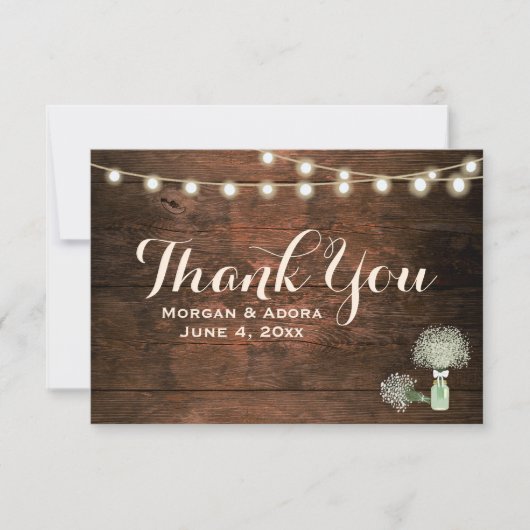 Rustic Barn Wood Mason Jar String Lights Wedding Bedankkaart (Voorkant)