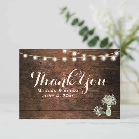 Rustic Barn Wood Mason Jar String Lights Wedding Bedankkaart (Staand voorkant)