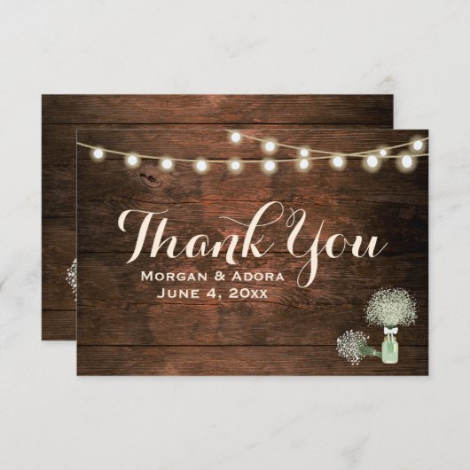 Rustic Barn Wood Mason Jar String Lights Wedding Bedankkaart (Voorkant / Achterkant)