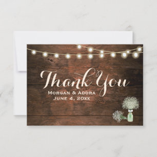 Rustic Barn Wood Mason Jar String Lights Wedding Bedankkaart