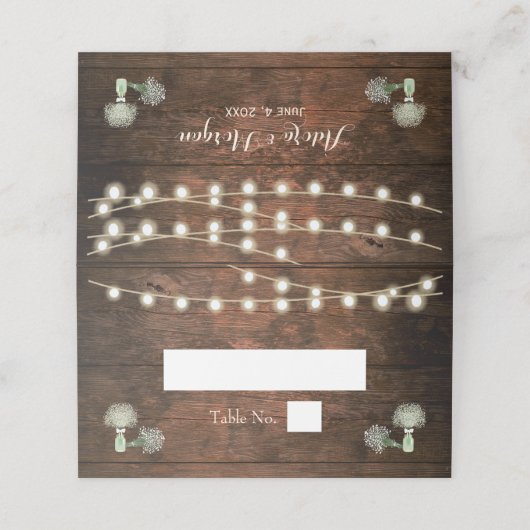 Rustic Barn Wood Mason Jar String Lights Wedding Plaatskaartje (Buitenkant ongevouwen)