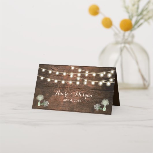 Rustic Barn Wood Mason Jar String Lights Wedding Plaatskaartje (Achterkant)
