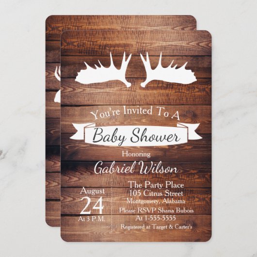 Rustic Barn Wood & Moose Antler Baby shower Kaart (Voorkant / Achterkant)