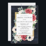 Rustic Barn Wood Navy Burgundy Gold Vrijgezellenfe Kaart<br><div class="desc">Rustic Navy Barn Wood Elegant Red en Gold Floral White Bridal Shower Invitations. Het ontwerp kenmerkt Rode Bloemen,  Anemone en Witte Bloemen met Greenery Elegant Rustic Gold Lijst met Adory Back</div>