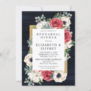Rustic Barn Wood Navy Burgundy Rehearsal Dinner Kaart
