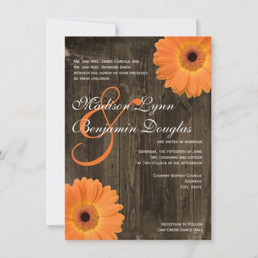 Rustic Barn Wood Oranje Daisy Wedding Invitations Kaart (Voorkant)