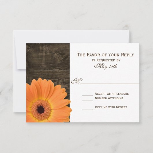 Rustic Barn Wood Oranje Daisy Wedding RSVP-kaarten RSVP Kaartje (Voorkant)