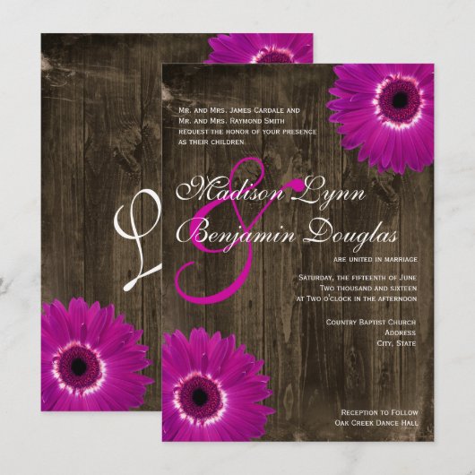 Rustic Barn Wood Paarse Daisy Wedding Invitations Kaart (Voorkant / Achterkant)