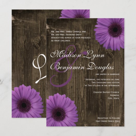 Rustic Barn Wood Paarse Daisy Wedding Invitations Kaart (Voorkant / Achterkant)