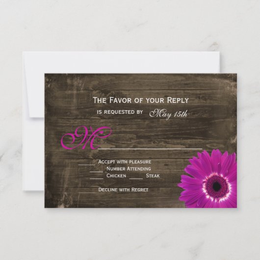 Rustic Barn Wood Paarse Daisy Wedding RSVP-kaarten RSVP Kaartje (Voorkant)