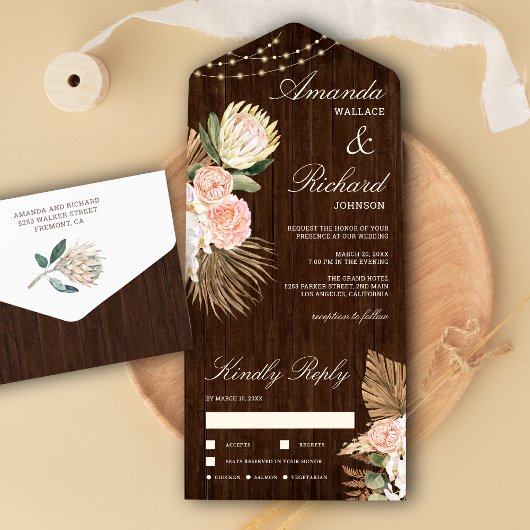 Rustic Barn Wood Palm Protea Earthy Floral Wedding All In One Uitnodiging