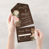 Rustic Barn Wood Palm Protea Earthy Floral Wedding All In One Uitnodiging (Afscheurbaar)