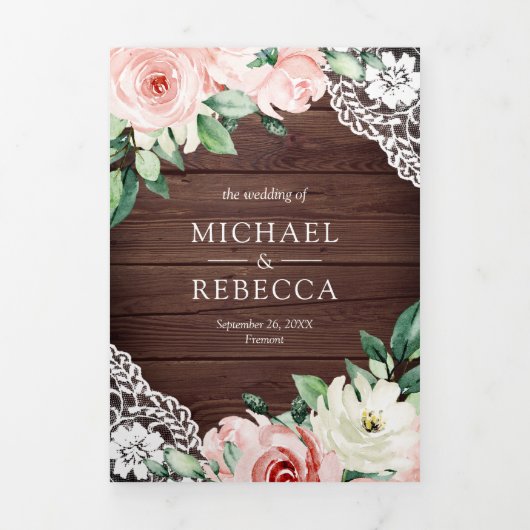 Rustic Barn Wood Peach Floral Lace QR Code Weddens Drieluik Uitnodiging (Cover)