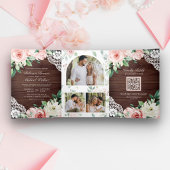 Rustic Barn Wood Peach Floral Lace QR Code Weddens Drieluik Uitnodiging