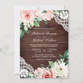Rustic Barn Wood Peach Floral Lace QR Code Weddens Kaart (Voorkant)
