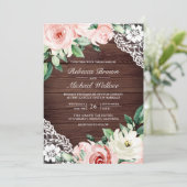 Rustic Barn Wood Peach Floral Lace QR Code Weddens Kaart (Staand voorkant)