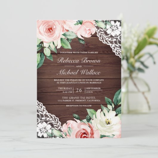 Rustic Barn Wood Peach Floral Lace QR Code Weddens Kaart (Staand voorkant)