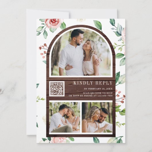 Rustic Barn Wood Peach Floral Lace QR Code Weddens Kaart (Achterkant)