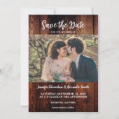 Rustic barn wood photo country save the date kaart (Voorkant)