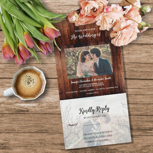 Rustic barn wood photo country Wedding All In One Uitnodiging