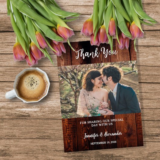 Rustic barn wood photo country wedding bedankkaart
