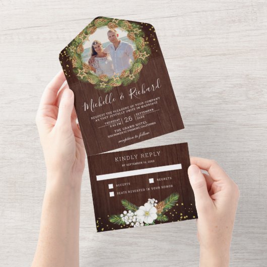 Rustic Barn Wood Pine Cone All In One Uitnodiging (Afscheurbaar)