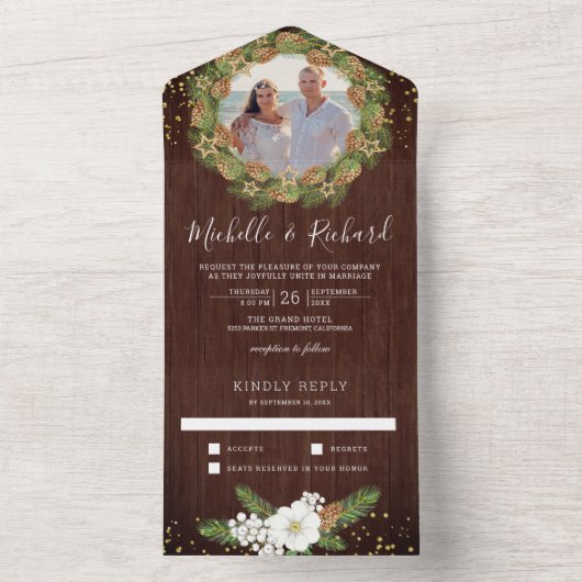 Rustic Barn Wood Pine Cone All In One Uitnodiging (Binnen)