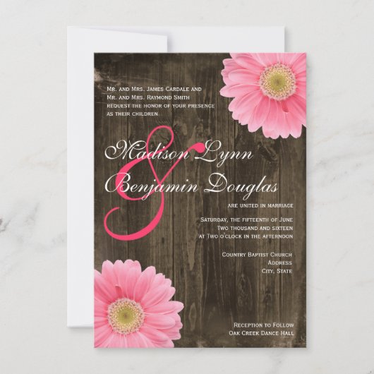 Rustic Barn Wood Pink Daisy Wedding Invitations Kaart (Voorkant)