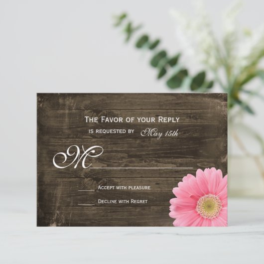 Rustic Barn Wood Pink Daisy Wedding RSVP-kaarten RSVP Kaartje (Staand voorkant)